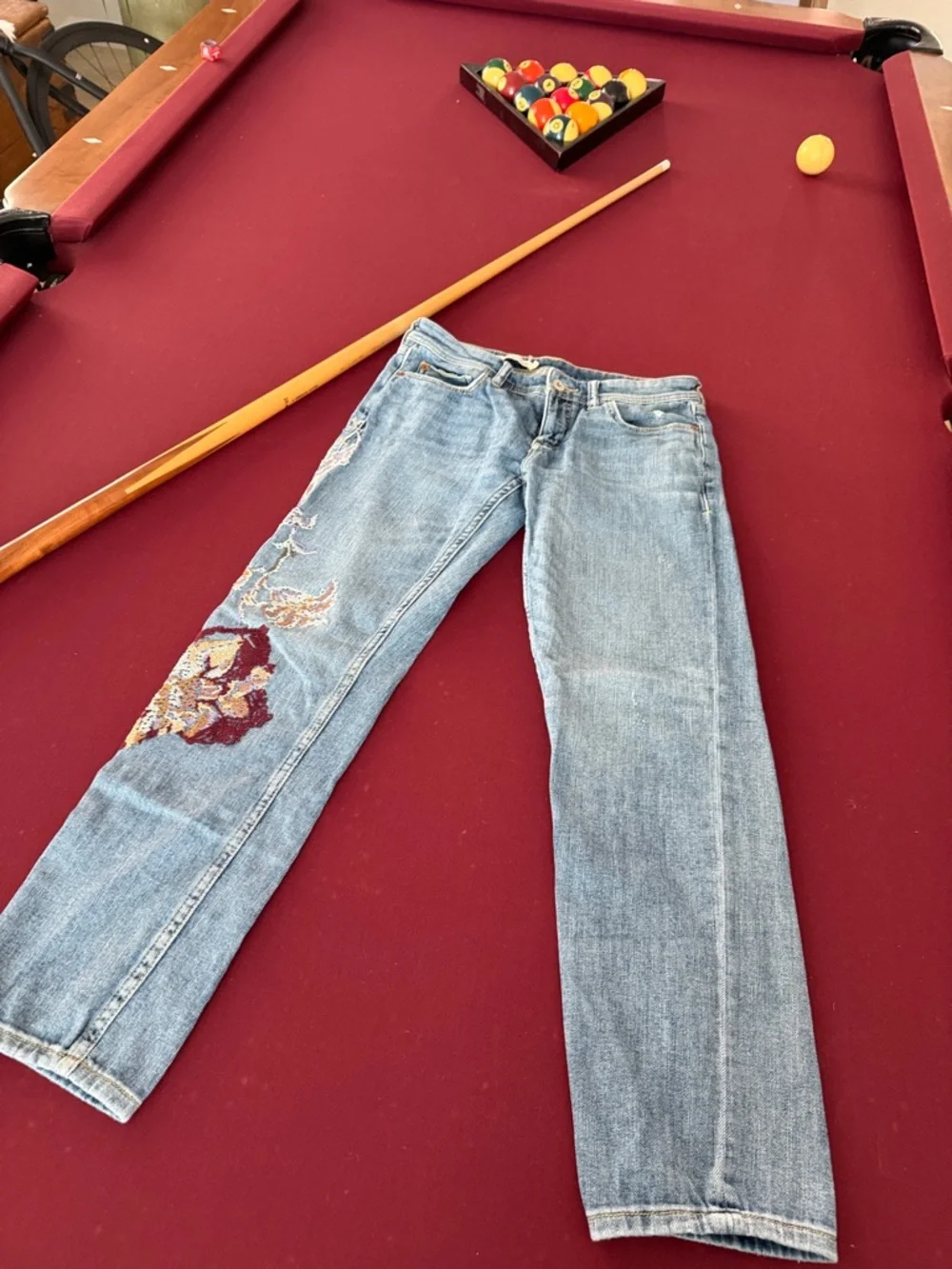 Pilcro Light Blue Straight Leg Jeans with Multicolor Floral Patch - Picture 1 of 3